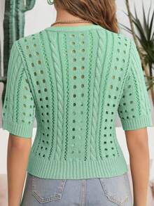 Women's Elegant Knit Sweater, Solid Color Hollow Knitwear, Ribbed Button Cardigan, Suitable For All Seasons, Daily Wear, Vacation, Beach Cover Up, Summer Knit - Green - View 2
