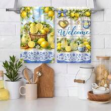 Set Handuk Motif Lemon 2 Buah - Handuk Dekoratif, Gaya Tuscany, Mikrofiber Super Penyerap, Dapat Dicuci dengan Mesin, Cocok untuk Dekorasi Liburan, Memasak, Memanggang, Hadiah Pindah Rumah, dan Membersihkan, Ideal untuk Dapur dan Kamar Mandi - MultiWarna - View 2
