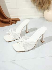 Giày sandal mùa hè mới bằng da mềm, mũi vuông, quai thun, sandal đế dày thoáng khí có nơ, dép đế dày đa năng, giày cao gót màu đen dành cho nữ. - trắng - Xem 4