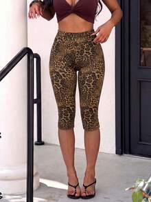 Leopard Print Skinny Shorts, Comfortable Summer Bottoms - Camel - View 2