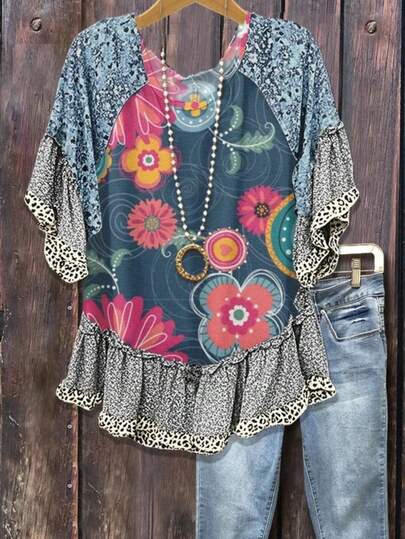 1 Women's Vintage Mixed Floral Print Vintage Loose Top Shirt Blouse With Ruffle Cuffs And Hem, Leopard And Floral Pattern, Women's Spring Summer Clothing