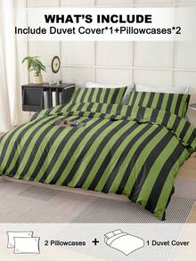 三件套条纹床上用品，采用超柔软透气的超细纤维面料，西瓜皮色调，四季皆宜，可机洗，不褪色，不起球，防缩水，抗皱，时尚波西米亚风/乡村风/现代简约风卧室装饰，易于保养，适用于单人床/单人加大床/双人床/大号床，适合家庭、宿舍、公寓、酒店、度假屋及礼品赠送。 - 彩色 - 查看 2