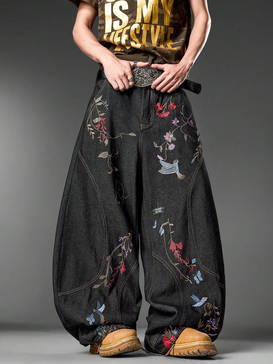 Pantalones vaqueros negros de estilo callejero retro japonés para hombres, bordado multicolor único, pantalones anchos de pierna suelta, para uso en todas las estaciones (cinturón y accesorios no incluidos) - Negro - Ver 1