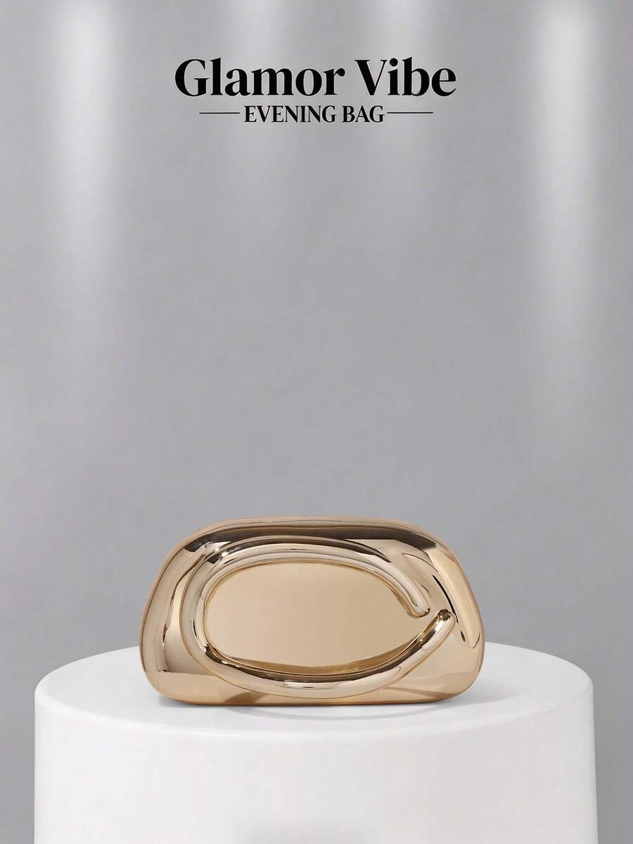 Embrague de noche de metal plateado lujoso y cautivador, con asa de anillo de forma asimétrica única, correa para el hombro desmontable, adecuado para bodas, fiestas y cócteles de mujeres - Dorado - Ver 1