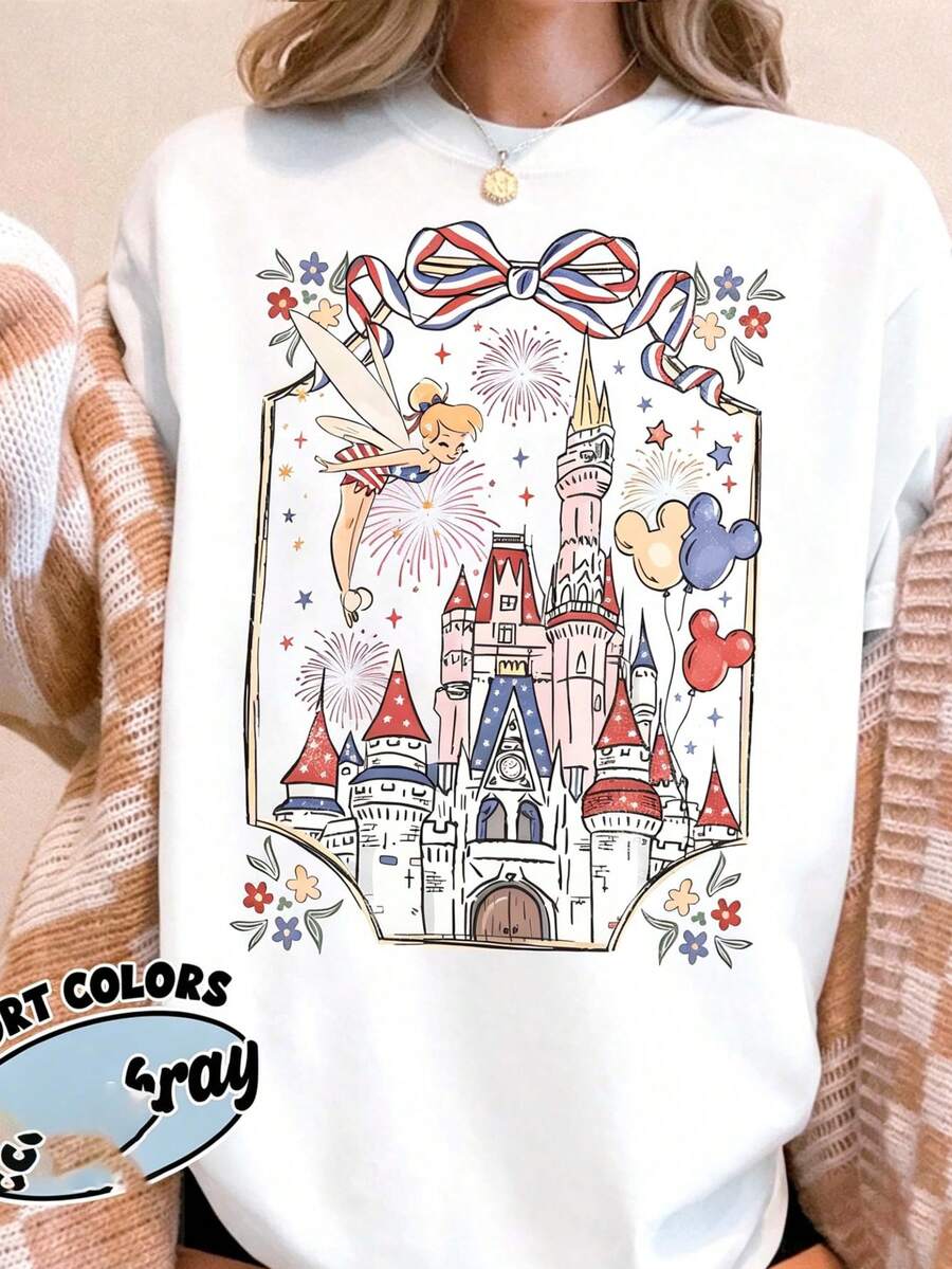 Loose Oversize  4th Of July America Anniversary Disney Castle Shirt, Retro US 250 Years Disneyland Tee, Patriotic Women Shirt, Independence Day, 250th Shirt - trắng - Xem 1