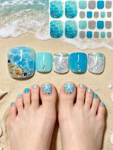 3D Faux Diamond Blue Ombre Seashell Design Toe Nail Stickers, 22pcs Summer New Arrival Foot Nail Art Decals - Multicolor - View 1