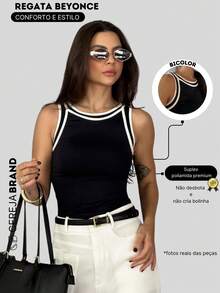 Blusa Beyonce Regata Básica Bicolor Regatinha Suplex Premium Listrada Verão - Preto - Visão 4