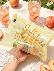 防水時尚沙灘包，印有「Salty Little Beach」海洋波浪圖案。大容量透明化妝包，尼龍拉鍊 - 輕量、春/夏收納，適合游泳、沙灘、潛水和夏季度假，學生返校，輕量防曬收納包，適合朋友、家人、閨蜜、同學。生日、節日、派對、婚禮（伴娘）、教師節、郵輪必備、夏季度假禮物的完美禮品和紀念品 - 彩色 - 查看 5