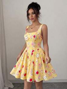 Vestido elegante y romántico para mujer con estampado floral, cuello cuadrado y cintura ceñida sin mangas - Multicolor 3 - Ver 5