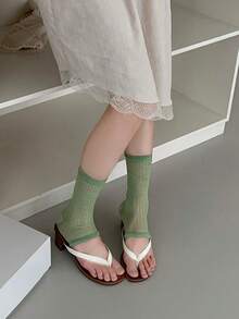 1 par de calcetines de verano para mujer, de moda versátil, ligeros, transpirables y brillantes, de media pierna, de pila delgada, de colores brillantes, estilo minimalista de rayas verticales para el verano - Multicolor - Ver 10