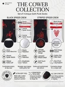 4 đôi tất unisex màu đen, trắng và đỏ kẻ sọc mạng nhện bằng polyester thoáng khí kiểu Gothic, thích hợp cho mặc hàng ngày và Halloween. - Nhiều màu - Xem 3