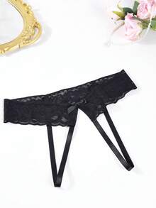 1pc Lace Hollow Sexy G-String Panties With Bow Tie, Low-Waist Seductive Lingerie - Black - View 6