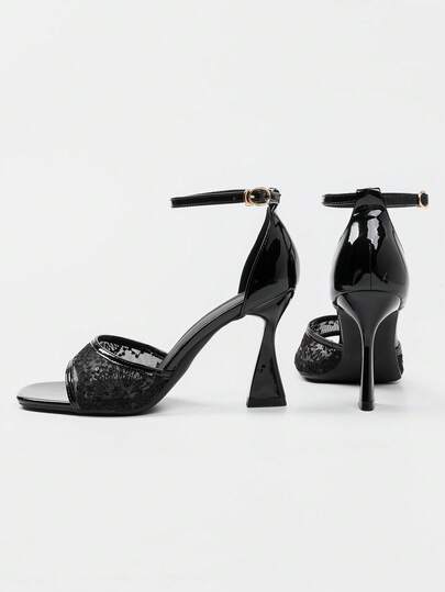 2026 New Glossy Patent Leather Peep Toe Strappy High Heel Sandals, 9CM Super High Heel, Sexy Fashion Versatile Outdoor Wear, Elegant Suitable For Dresses, Spring/Autumn, Black Irregular Random Embroidery Sequins Transparent Net Splice Hollow Square Toe Buckle Strap Roman Shoes, Size 3-10
