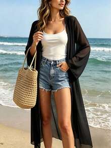 Bohemian Style Long Sleeve Black Chiffon Waist-Tied Outerwear With Flowing Scarf-Lightweight, Non-Stretchy Fabric, Suitable For Spring And Autumn - Black - View 4