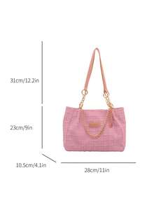 Fashionable Striped Handbag - Women's Large Capacity Shoulder Bag - Zipper Tote Bag For Daily Use With Metal Chain - Pink - View 3