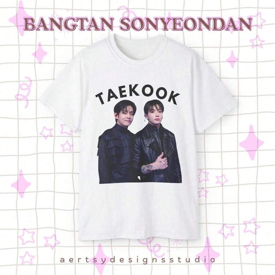 Taekook B TS Army Taehyung And J Ungkook Bias Bangtan Sonyeondan Cute Print K-Pop Unisex Cotton Tee Shirt - 白色 - 查看 1