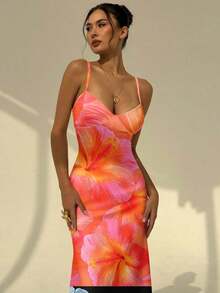 Vestido ajustado de tirantes con estampado de teñido anudado en marrón, adecuado para vacaciones en la playa, atuendo de verano, fiestas de verano y uso nocturno - Naranja 2 - Ver 6