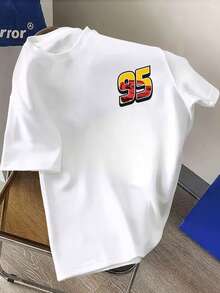 Pixar Cars Racing Movie Theme Blitz McQueen 95 Pattern Double-Sided Printed T-Shirt, High Quality 100% Cotton Short-Sleeve T-Shirt, Men's Breathable Cotton Short-Sleeve T-Shirt, Summer Casual Men's T-Shirt, Everyday Wear, Holiday Wear - 白色 - 查看 3