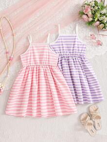 2pcs/Set Summer Fashion Girls Dress, Minimalist Striped & Printed Pattern Sleeveless Casual Comfortable Girls Dress, Suitable For Vacation, Outdoor, Daily Wear - Multicolor - View 2