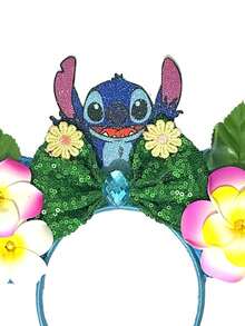 Disney 迪士尼可愛史迪奇亮片髮箍，飾有雞蛋花葉與刺繡蝴蝶結；時尚卡通角色耳朵髮箍；閃亮吸睛髮飾，適合化裝舞會、Cosplay、主題樂園參訪及其他場合 - 款式隨機 - 查看 4
