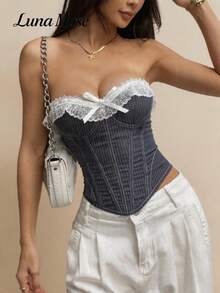 Áo croptop corset ren kẻ sọc cổ điển Luna Muse dành cho nữ, áo corset ôm sát gợi cảm phong cách Y2K với nơ trang trí, áo ngắn trễ vai thanh lịch, cao cấp, đa năng cho mặc hàng ngày, thường ngày, dự tiệc, kỳ nghỉ, hẹn hò, dạo phố, lễ hội, Ngày Valentine, Ngày của Mẹ, lễ tốt nghiệp, Coachella, tựu trường, múa ba lê, phong cách dễ thương. - Màu xanh bụi bặm - Xem 2