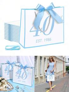 Bolsas de regalo conmemorativas del 30/40/50/60/70 aniversario, bolsas de regalo blancas con bordes y asas azules, bolsas de regalo de papel, bolsas de compras, bolsas de regalo con cintas de lazo azul, bolsas de regalo de bienvenida con cintas de lazo, bolsas de regalo de papel conmemorativas del cumpleaños con cintas de lazo - Multicolor - Ver 3