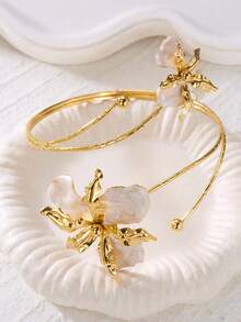1 pieza Brazalete de metal con flor abierta de moda, joyería de cadena de brazo exagerada, estilo de vacaciones de verano - Blanco - Ver 6