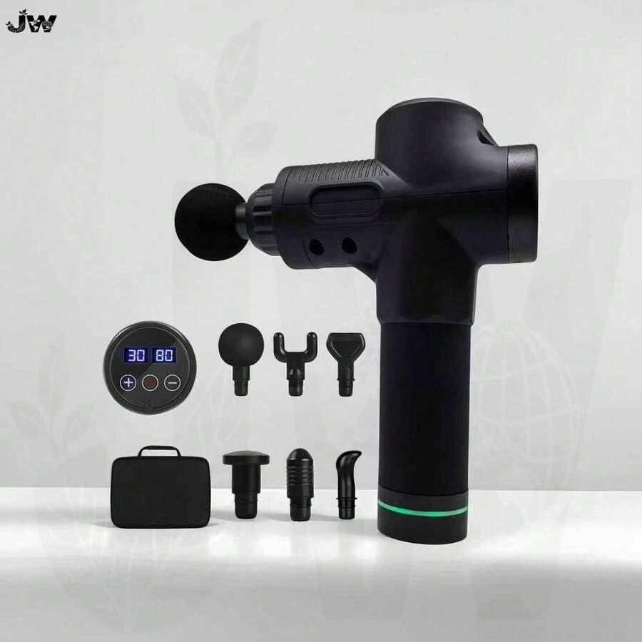 JW Professional Handheld Massage Gun With 30 Digital Speed Settings, Brushless Motor And 6 Massage Heads, Provides Deep Muscle Relaxation. Lightweight Design With Rechargeable Battery, Ideal For Fitness Enthusiasts And Office Workers, Suitable For Home And Gym Deep Tissue Massage - Black - View 1