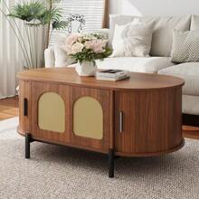 Oval Coffee Table With Rattan, Sliding Doors, Wood Look, Metal Legs, Multifunctional Living Room Table With Storage Space - 核桃 - 查看 1