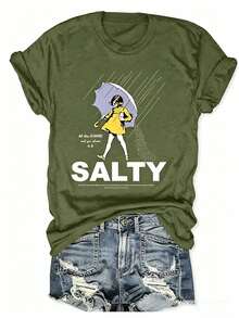 Plus Size Salty With Umbrella Graphic Tee - Vintage Style Summer Beachwear For Women, Perfect For Vacation And Everyday Wear, T-Shirt-Unisex - 軍綠色 - 查看 16