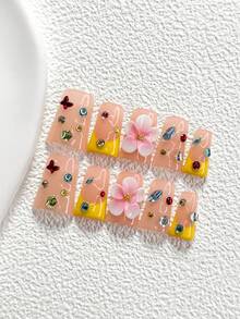 10Pcs Sweetheart Color Block Style Handmade Nail Art Set,Unghie Press On,Butterflies, Stars,DiamondsFive Petal Flower ,Yellow Nail Polish,Includes Nail Tools,3 Sizes Available,Almond Nails , Duck Nails,Coffin Nails For Party, Dance, Daily Wear. - 彩色 - 查看 12