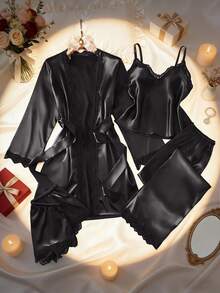 5pcs Satin & Lace Patchwork Sleepwear Set, Including Long Sleeve Robe, V-Neck Camisole, Shorts, Pants And Belt, Elegant Nightwear And Loungewear For Women - Black - View 4