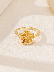 1pc Elegant Flower Design Ring, Simple Fashion Versatile Daily Wear High-End Accessories - Gold - View 3