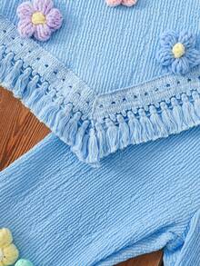 Girls Bubble Chiffon Floral Applique Hem Fringe Vest Top And Flare Leg Fringe Hem Pants 2 Pieces Set - Blue - View 7