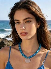 1 chiếc vòng cổ hạt tròn màu xanh nhạt lấy cảm hứng từ phong cách Bohemian Dopamine, quà tặng trang sức phù hợp cho phụ nữ đi nghỉ mát ở bãi biển. - 32648-nek-blue-EP - Xem 3
