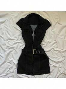 Spring/Summer New Arrival: Retro Sleeveless Denim Dress For Women Unique Design With Cinched Waist For A Flattering, Slimming Fit Denim Skirt - Black - View 3