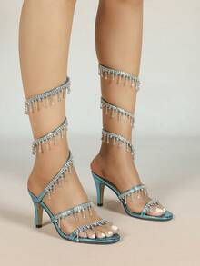 Women's Stiletto High Heel Sandals, Fashion Minimalist Strap With Rhinestone Snake Wrap Round Toe, Suitable For Summer And Autumn - Blue - View 7