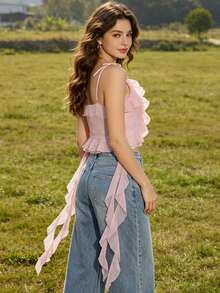 Women Camisole, Sleeveless Tops V-Neck Backless Irregular Ruffled Slim Fit Summer Vest For Party Club - Pink - View 6