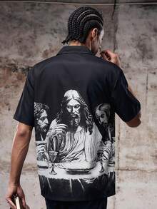 1 chiếc áo sơ mi Hiphop đường phố, áo sơ mi nam phong cách Y2K, yếu tố Gothic tối, tay ngắn, phong cách thời trung cổ - màu đen - Xem 2