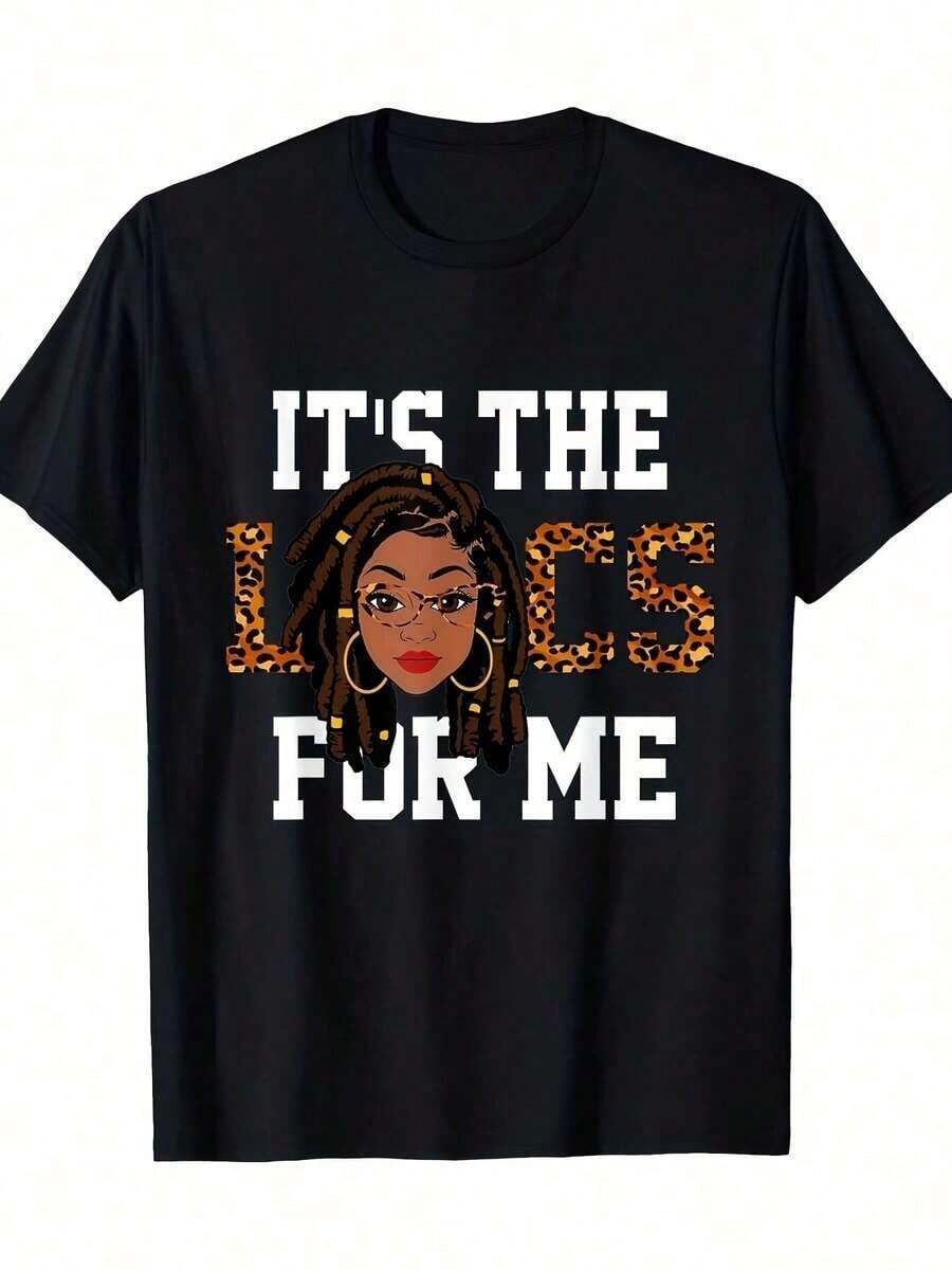 Camiseta Clásica de Mujer con Estampado Gráfico It'S Locs Me (Por Las Rastas Paraí) y Estampado de Leopardo -% Corte Relajado, Estilo Retro Casual con Ligera Elasticidad, Cuello Redondo, Manga Corta, Para Atuendo Casual, Ropa de la Cultura de las Rastas, Regalo de Navidad/Halloween, Camiseta de Verano - Negro - Ver 1