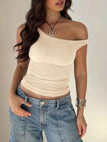 Blusa de verano de color liso, de hombro oblicuo y manga corta para mujer - Albaricoque - Ver 1