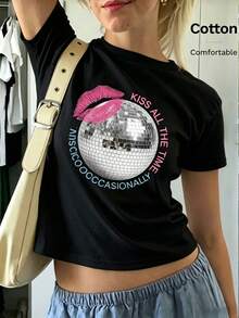 Women's Summer And Autumn Cotton T-Shirt Short Sleeved, Disco Pattern Print, Daily Casual Slim Fit Women's Clothing - Black 2 - View 2