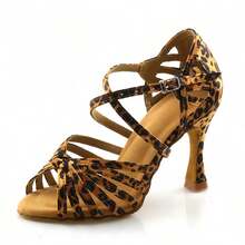 一双豹纹时尚缎面高跟拉丁舞鞋、恰恰舞鞋、社交舞鞋 - 棕色 - 查看 8