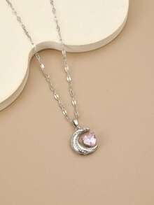 1pc Fashionable Pink Cubic Zirconia Heart & Moon Stainless Steel Necklace, Silver Jewelry, Silver Necklace, Mother's Day Gift, Western Jewelry, Teacher's Day Gift, Gift For Her, Beach Jewelry For Women, Charm, Gift, Birthday Present - Pink - View 2
