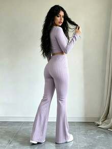 Conjunto De Blusa Corta De Manga Larga Y Pantalón Para Mujer Con Diseño De Bloques De Color - Púrpura malva - Ver 2