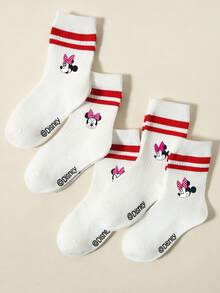 Disney 5 Pairs Kids/Girls' Spring/Summer Sports Socks/School Socks/Ankle Socks, Cute Cartoon Patterns Like Double Stripes, Mickey Mouse, Bow Decor, Fashionable Soft Breathable Moisture-Wicking Socks, Suitable For Back To School, Campus, Sports, Class, New Semester, Students - Multicolor - View 3
