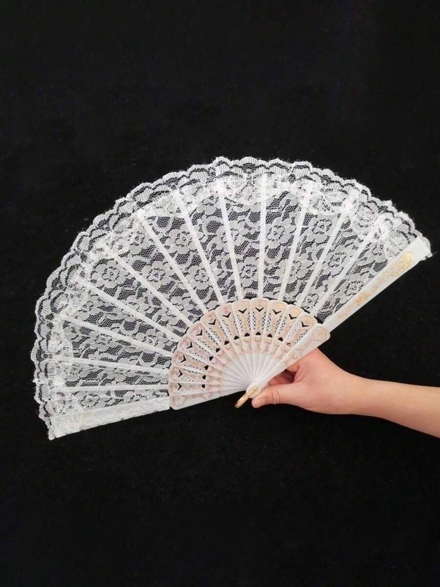 1pc Women's Lace Folding Fan, Suitable For Party Outfits, Halloween, Valentine's Day Wear - Multicolor - View 1