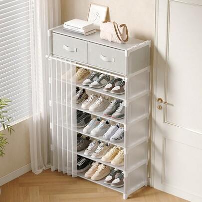 1 pièce Étagère à chaussures minimaliste à 6, 7 ou 8 niveaux avec tiroir, meuble à chaussures anti-poussière, organisateur de rangement pour chaussures assemblable pour chambre, entrée, couloir, salon, placard. Solution de rangement verticale moderne et compacte pour votre collection de chaussures et le désencombrement de votre espace.