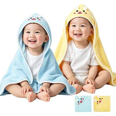 2pcs Baby Hooded Bath Towel, Neutral Animal Face Design Infant Cloak, Unique Animal Pattern Newborn Bathrobe, Super Soft Coral Fleece Cartoon Bathroom Wrap Towel, Suitable For All Seasons