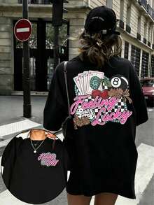1pcsEMERY ROSE Graphic Tee Feeling Lucky Rodeo Shirt Retro Country Concert Top,Going Out Tops For Women Shine Print Cotton Tees Summer Casual Shirts - 黑色 - 查看 7